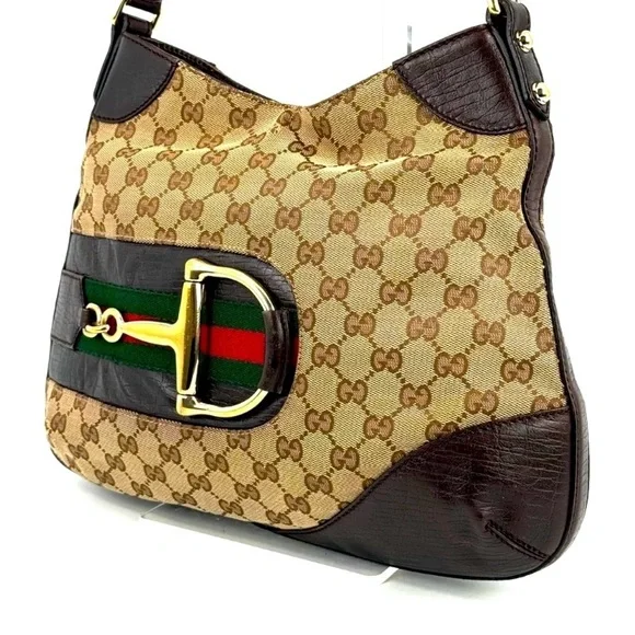 GUCCI Brown GG Sherri Horsebit Line Monogram Shoulder Tote Bag EUC - Picture 1 of 12